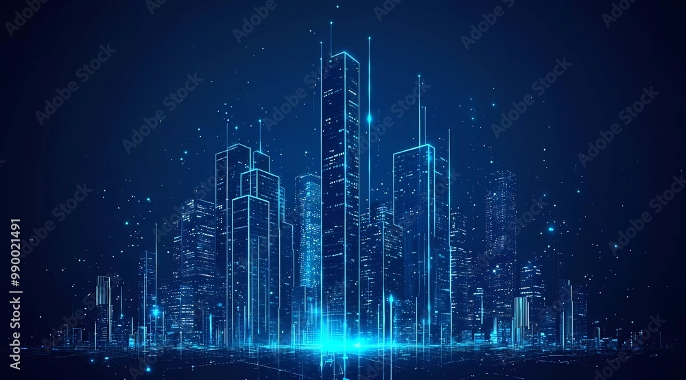 Blue, glowing city skyline with skyscrapers on a dark background, vector illustration. Tech concept, futuristic digital business and construction of buildings Blue, glowing city skyline with skyscrapers on a dark background, vector illustration. Tech concept, futuristic digital business and construction of buildings