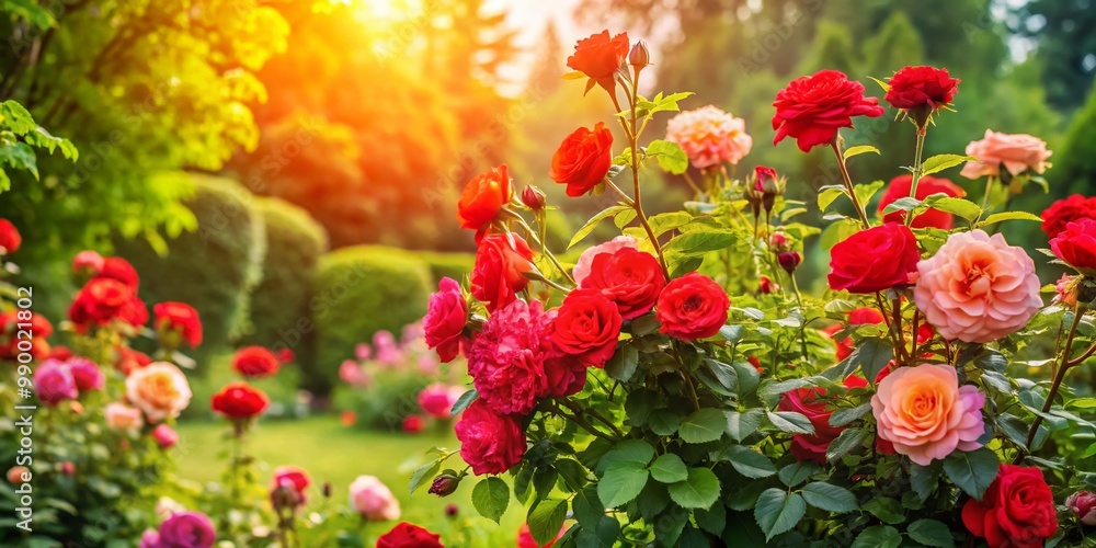 Obraz premium Vibrant Rose Bush in Full Bloom Surrounded by Lush Green Foliage in a Sunny Garden Setting