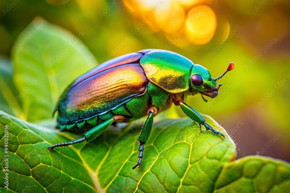 Vibrant rose chafer beetle resting on a green leaf in a lush garden during a sunny day Vibrant rose chafer beetle resting on a green leaf in a lush garden during a sunny day