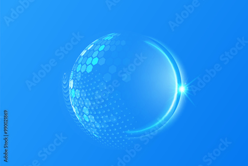 Glass transparent protection sphere shield. Sphere shield with hexagon pattern on blue background. Bubble shield in the form of a force energy field. Protection and safety concept.