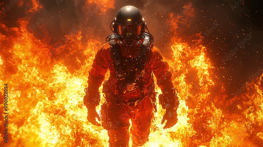 Firefighter in Protective Gear Amidst Fiery Blaze Firefighter in Protective Gear Amidst Fiery Blaze