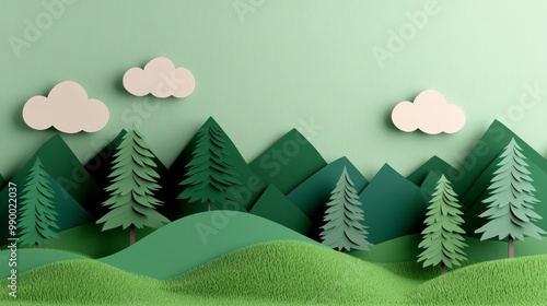 Sustainable ESG Concept with Paper Cutting Art Depicting Nature, Trees, and Mountains in Green Tones