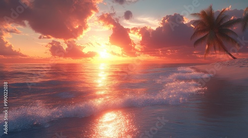 Serene sunset over ocean waves with a palm tree on the beach.