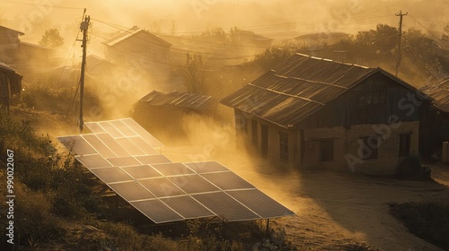 Dusty Sunset Over a Village with Solar Panels photo