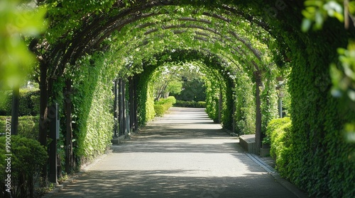 A scenic outdoor path framed by ivy-covered trees, creating a peaceful, natural tunnel of greenery.