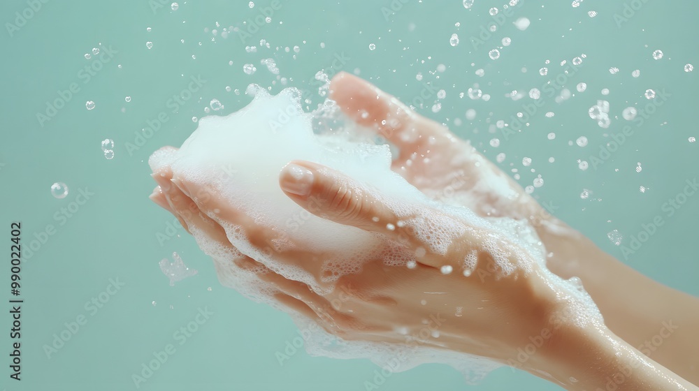 Close-up of female hands covered in soapy foam against a blue background, representing cleanliness, hygiene, and personal care routines.
Close-up of female hands covered in soapy foam against a blue background, representing cleanliness, hygiene, and personal care routines.