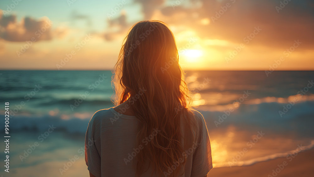 A person with long blonde hair is standing on a beach watching the sunset over the ocean. A person with long blonde hair is standing on a beach watching the sunset over the ocean.