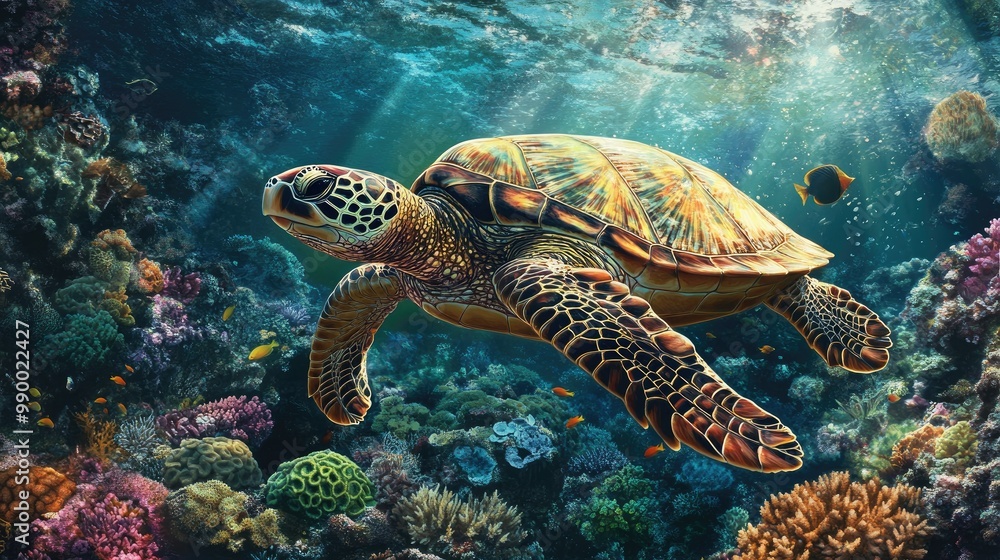 Obraz premium A sea turtle swimming gracefully underwater, surrounded by coral and colorful marine life, advocating for marine protection.