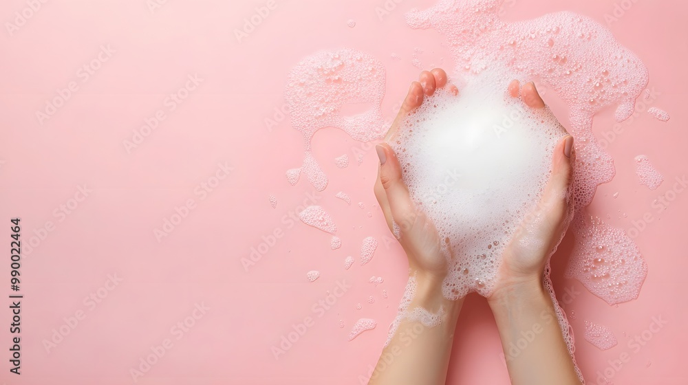 Close-up of hands washing with minimal soap and white foam against a soft pastel pink background. Clean, hygienic, and focused on personal care with copy space for text.
