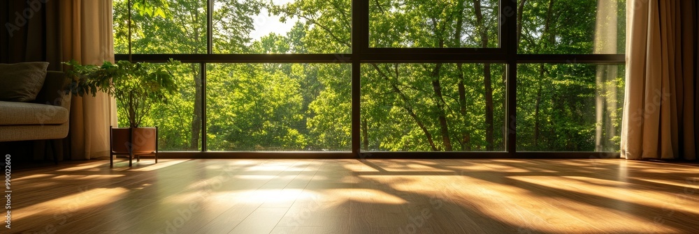 A bright and airy living room with large windows that let in natural sunlight, illuminating the hardwood floor and creating warm, inviting atmosphere. Sunlight streams through the windows and casts b A bright and airy living room with large windows that let in natural sunlight, illuminating the hardwood floor and creating warm, inviting atmosphere. Sunlight streams through the windows and casts b