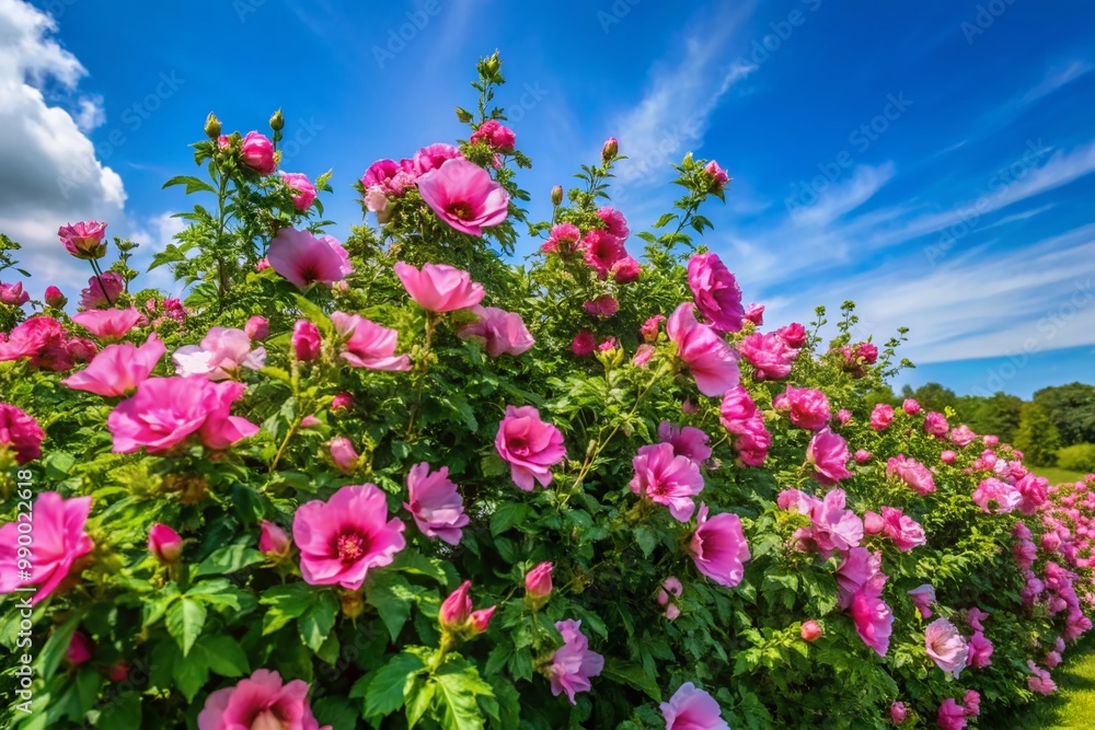 Vibrant Rose of Sharon Bushes in Bloom Against a Clear Blue Sky During the Summer Season Vibrant Rose of Sharon Bushes in Bloom Against a Clear Blue Sky During the Summer Season