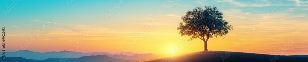 Low-angle view of a tree standing tall against a background of rolling hills Low-angle view of a tree standing tall against a background of rolling hills