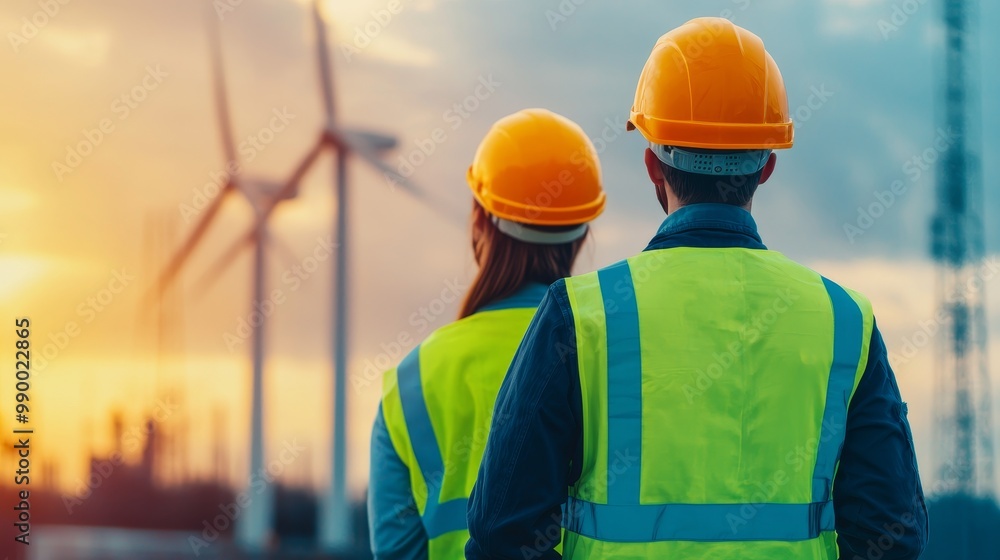 Engineers Overseeing Wind Turbines at Sunset Emphasizing Environmental Social Governance (ESG) Initiatives Engineers Overseeing Wind Turbines at Sunset Emphasizing Environmental Social Governance (ESG) Initiatives