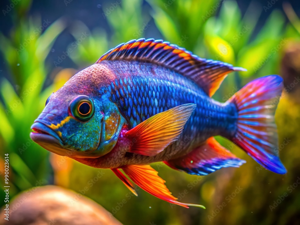 Vibrant South American Cichlid Fish Swimming Gracefully in a Freshwater Aquarium Setting Vibrant South American Cichlid Fish Swimming Gracefully in a Freshwater Aquarium Setting