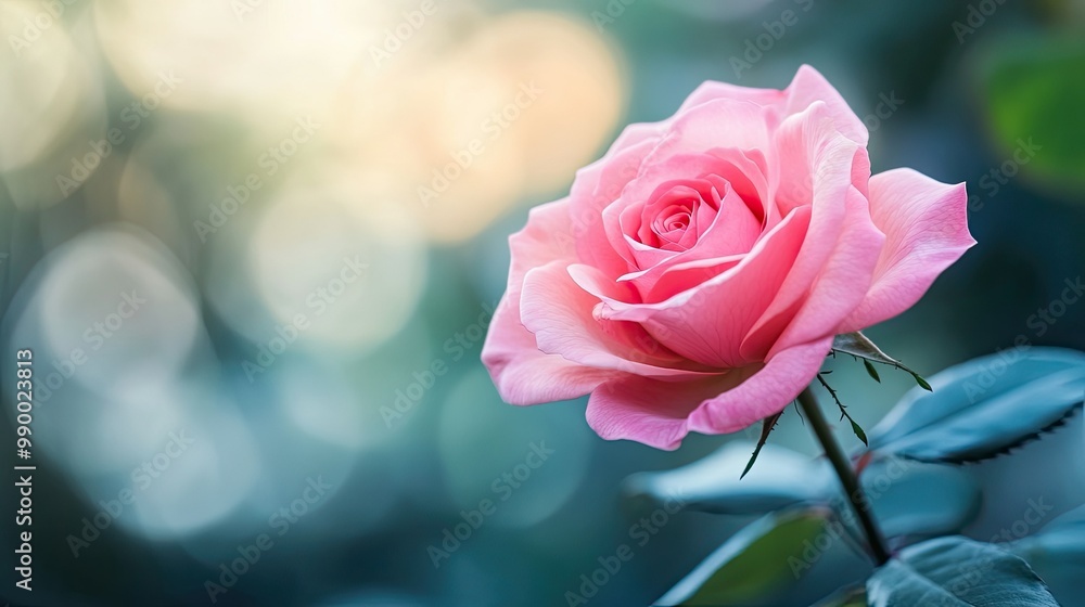 A single pink rose in full bloom, captured against a blurred garden background. A single pink rose in full bloom, captured against a blurred garden background.