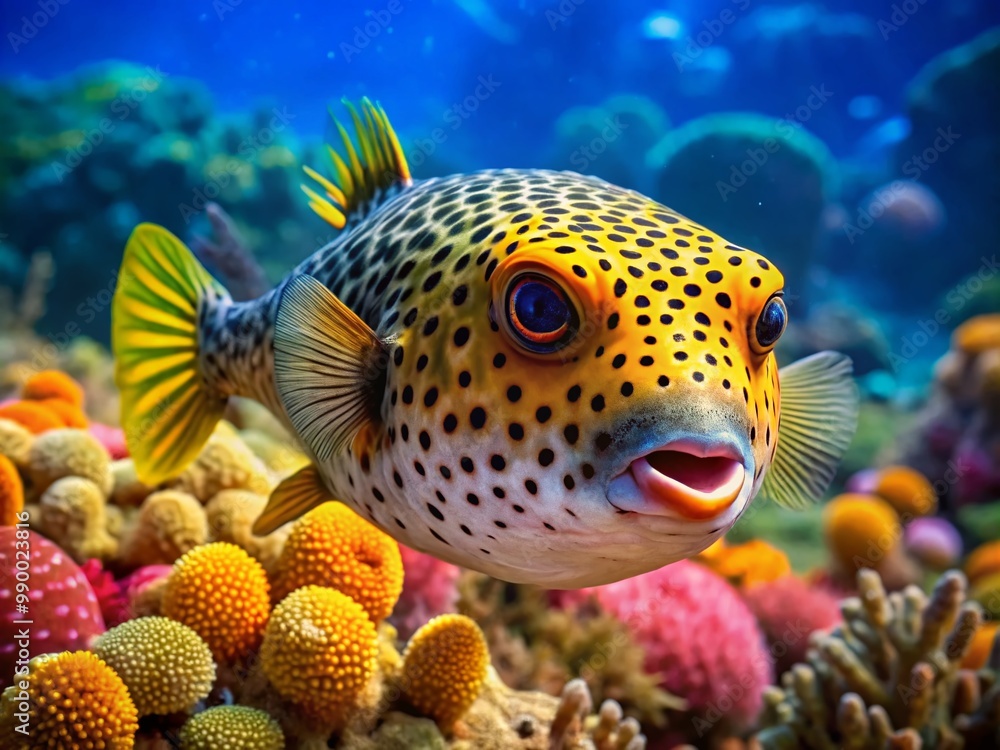 Vibrant Spotted Pufferfish Swimming Gracefully in Clear Ocean Waters Surrounded by Colorful Coral Reefs Vibrant Spotted Pufferfish Swimming Gracefully in Clear Ocean Waters Surrounded by Colorful Coral Reefs