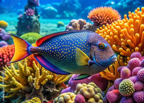 Vibrant Spotted Unicornfish Swimming Gracefully Among Colorful Coral Reefs in Crystal Clear Water