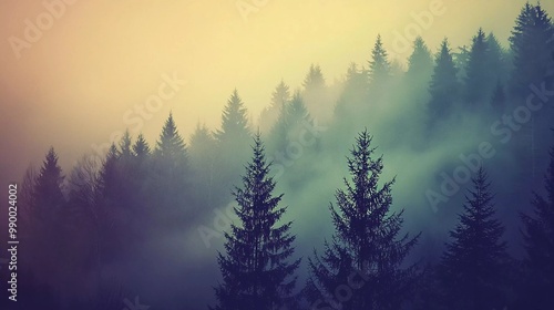 Misty landscape with fir forest in nice hipster vintage retro style