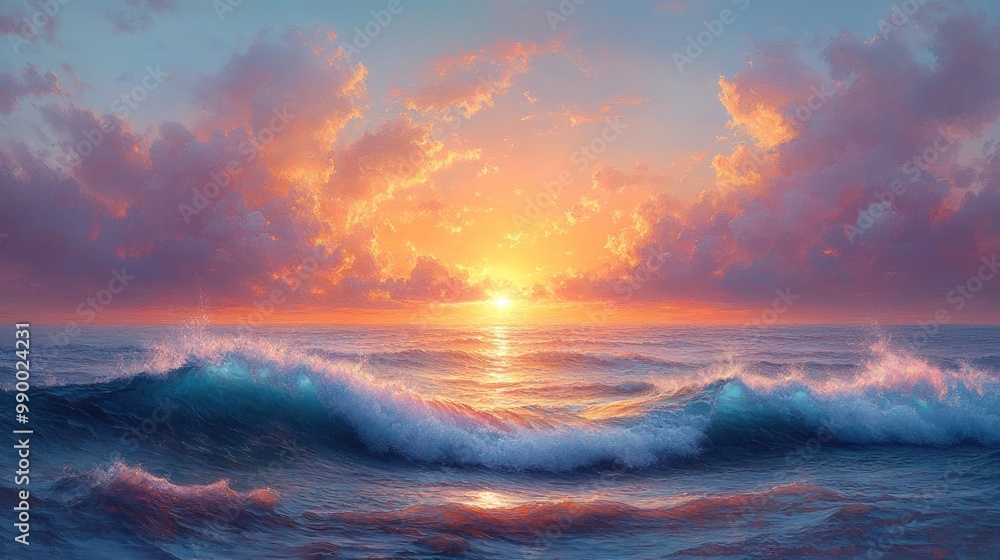 Fototapeta premium Serene sunset over ocean waves, creating a tranquil atmosphere.
