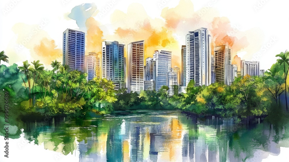 A captivating watercolor cityscape showcasing modern architecture reflected in a serene lake, surrounded by lush green trees, symbolizing harmony between nature and urban development. A captivating watercolor cityscape showcasing modern architecture reflected in a serene lake, surrounded by lush green trees, symbolizing harmony between nature and urban development.