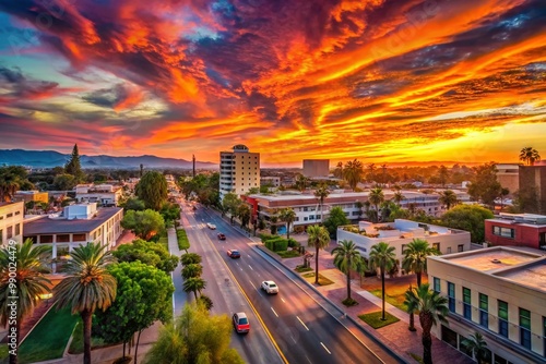 Vibrant Sunset Over Downtown Fullerton California with Urban Landscape and Colorful Sky Reflections