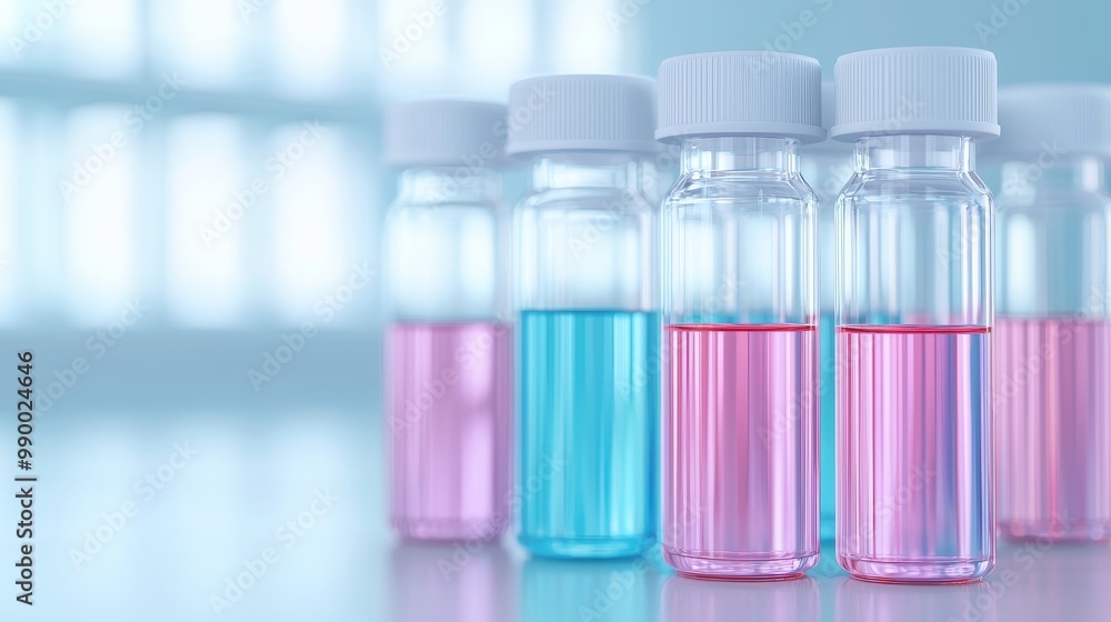 Close-Up of Laboratory Vials with Blue and Pink Liquid on a Light Background in a Scientific Research Setting Close-Up of Laboratory Vials with Blue and Pink Liquid on a Light Background in a Scientific Research Setting