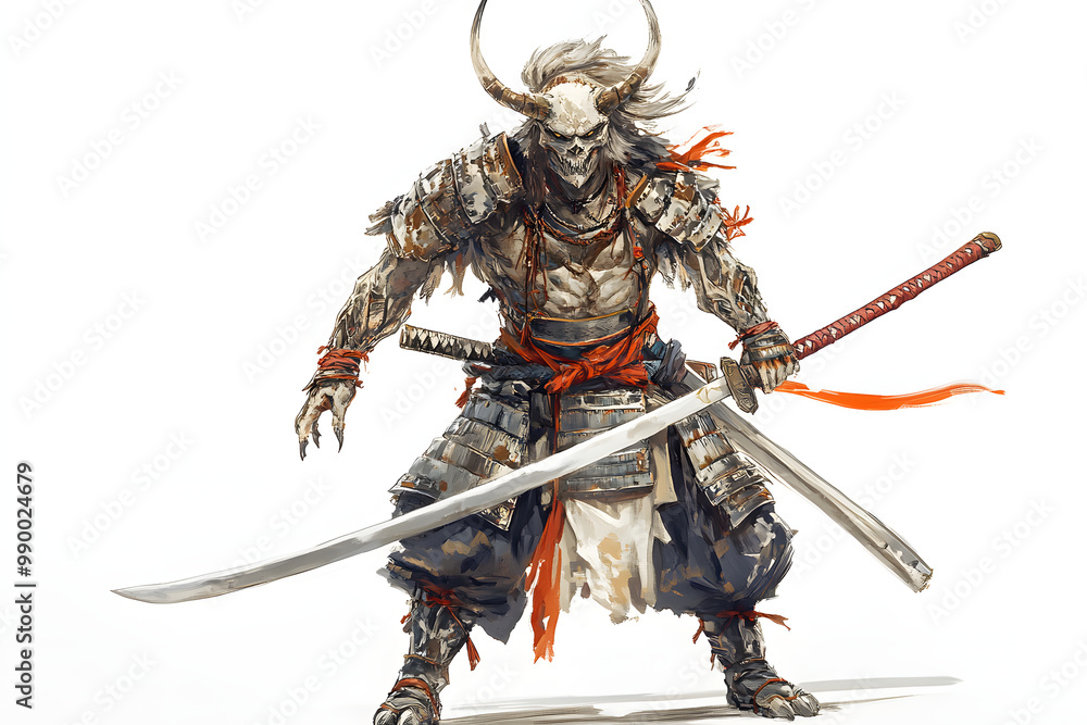 日本の伝統的な鎧と刀を持つSHOUGUNのアート。力強いサムライ武士のイラスト 日本の伝統的な鎧と刀を持つSHOUGUNのアート。力強いサムライ武士のイラスト