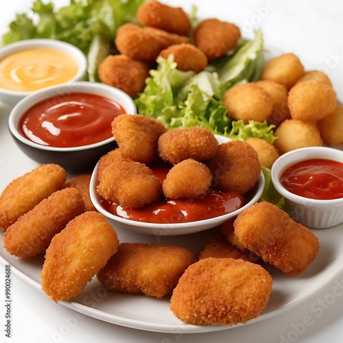 Delicious fresh Chicken Nuggets assortment with Tomato Sauce with some salad served, Chicken nuggets with crispy meat snack, Chicken nuggets made at home