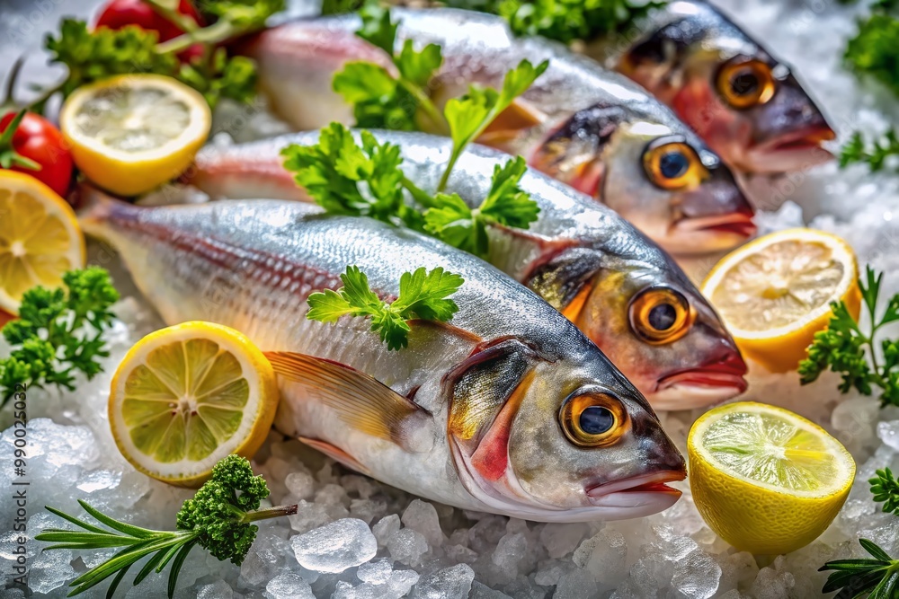 Vibrant Trigilia Fish Displayed on Ice with Fresh Herbs and Lemon, Perfect for Culinary Presentation Vibrant Trigilia Fish Displayed on Ice with Fresh Herbs and Lemon, Perfect for Culinary Presentation