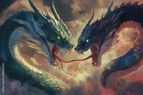 Wallpaper Mural ファンタジードラゴンのリアルな対決 - ゴールドとレッドの美しいドラゴンアート Torontodigital.ca