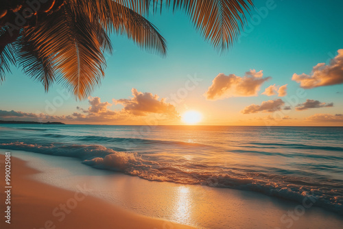 Serene tropical beach at sunset with palm trees, gentle waves, and golden light illuminating the shoreline