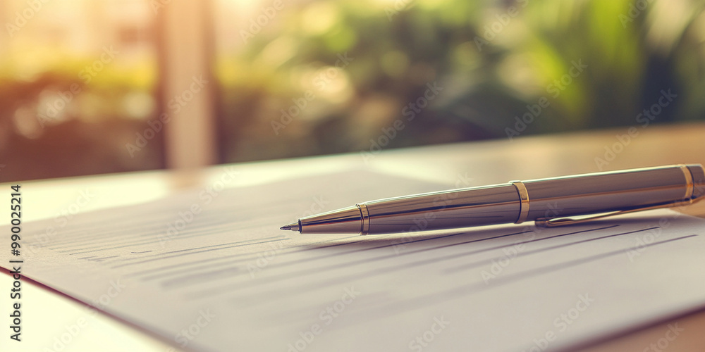 Fototapeta premium close up view of silver pen resting on blank document, symbolizing important agreements and decisions. warm sunlight creates serene atmosphere, enhancing focus on contract