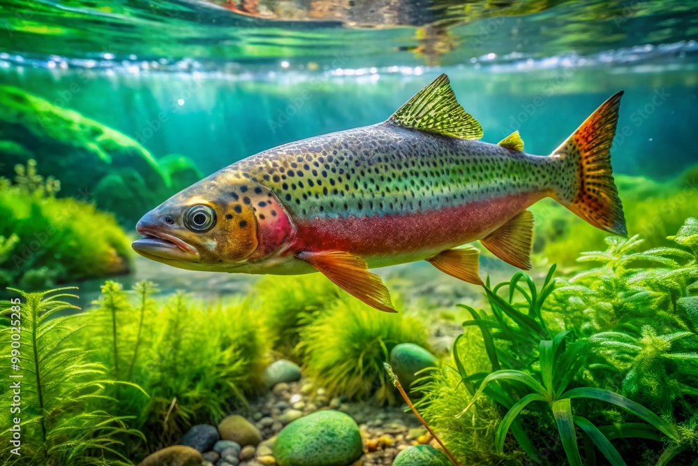 Naklejka premium Vibrant Trout Fish Swimming in Clear Freshwater Stream Surrounded by Lush Green Aquatic Vegetation