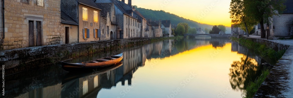 Fototapeta premium A charming village nestled by a tranquil river, with quaint architecture, reflecting the warm glow of the setting sun. The scene evokes a sense of peace, tranquility, and the beauty of nature.