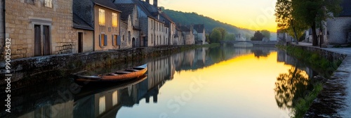 A charming village nestled by a tranquil river, with quaint architecture, reflecting the warm glow of the setting sun. The scene evokes a sense of peace, tranquility, and the beauty of nature.