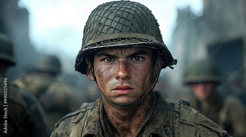 World War II Soldier Portrait with Muddy Face and Helmet World War II Soldier Portrait with Muddy Face and Helmet