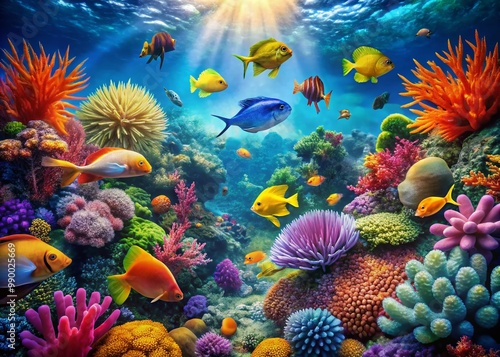 Vibrant Underwater Scene Featuring Colorful Tropical Fish Swimming Among Coral Reef Ecosystem