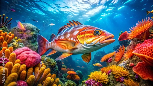 Vibrant underwater scene showcasing a rockfish swimming among colorful coral reefs and marine life