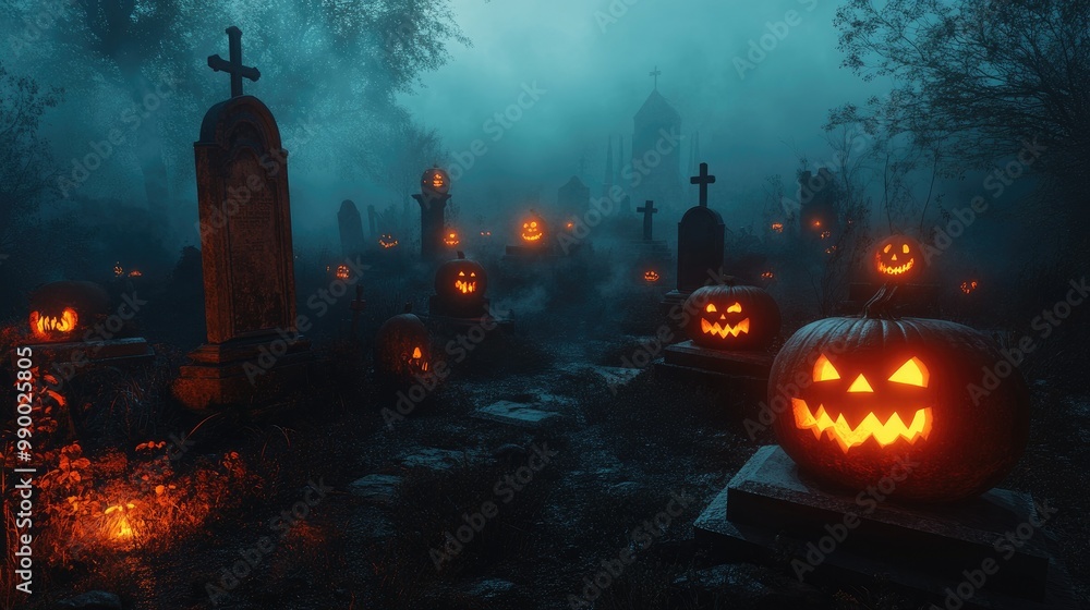 A spooky graveyard at dusk with glowing jack-o'-lanterns placed on tombstones, surrounded by fog and eerie shadows. A spooky graveyard at dusk with glowing jack-o'-lanterns placed on tombstones, surrounded by fog and eerie shadows.