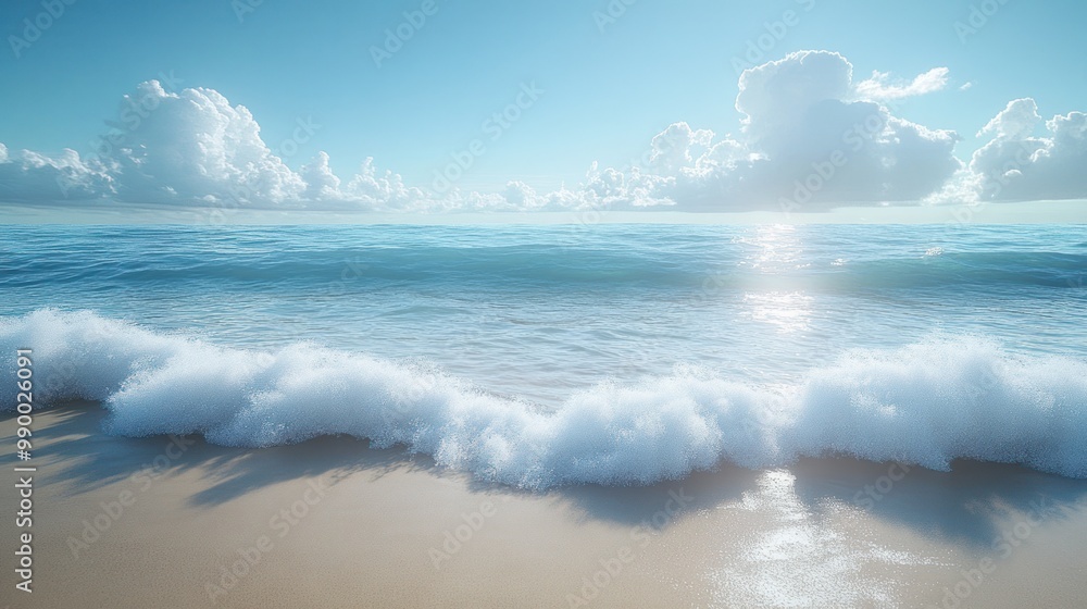 Fototapeta premium Serene ocean waves gently lapping at a sandy beach under a bright sky.