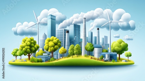 Eco-friendly city with trees and wind turbines