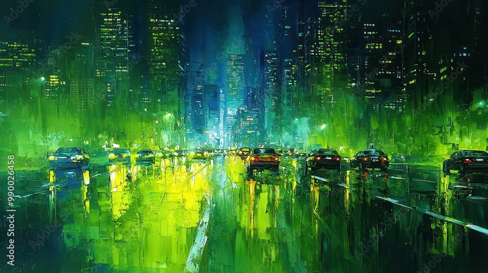 Naklejka premium Night Cityscape with Cars Neon Lights and Rain