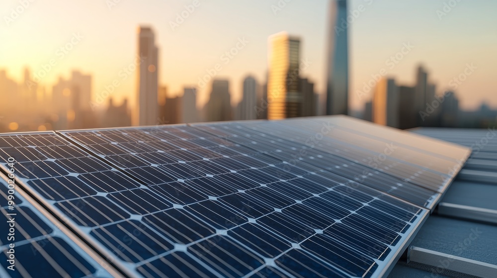 Fototapeta premium Sustainable Energy Solar Panels with Modern City Skyline - Environment Social Governance ESG Concept
