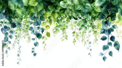 Watercolor Green Leaves Border  Nature Illustration  Floral Design  Springtime Greenery