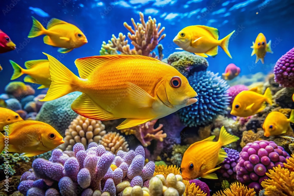 Fototapeta premium Vibrant Yellow Fish Swimming in a Colorful Coral Reef Underwater Scene in a Tropical Ocean