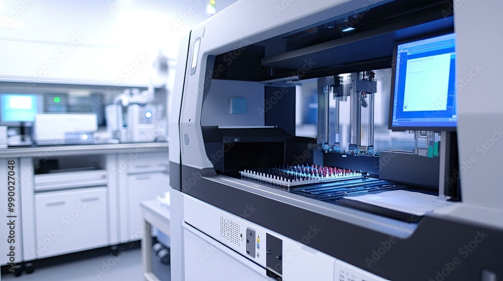 A state-of-the-art lab machine analyzing patient samples for personalized medicine. A state-of-the-art lab machine analyzing patient samples for personalized medicine.