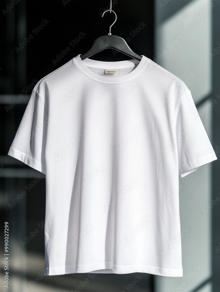 A clean and modern white t-shirt mockup on a hanger, isolated against a white background. Perfect for showcasing designs, branding, and showcasing clothing products. A clean and modern white t-shirt mockup on a hanger, isolated against a white background. Perfect for showcasing designs, branding, and showcasing clothing products.