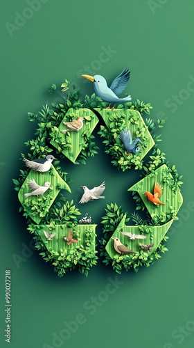 Recycling symbol with colorful birds