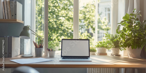 Wallpaper Mural modern home office setup featuring laptop, real estate documents, and lush greenery. bright, sunlit space creates productive and inviting atmosphere for work Torontodigital.ca