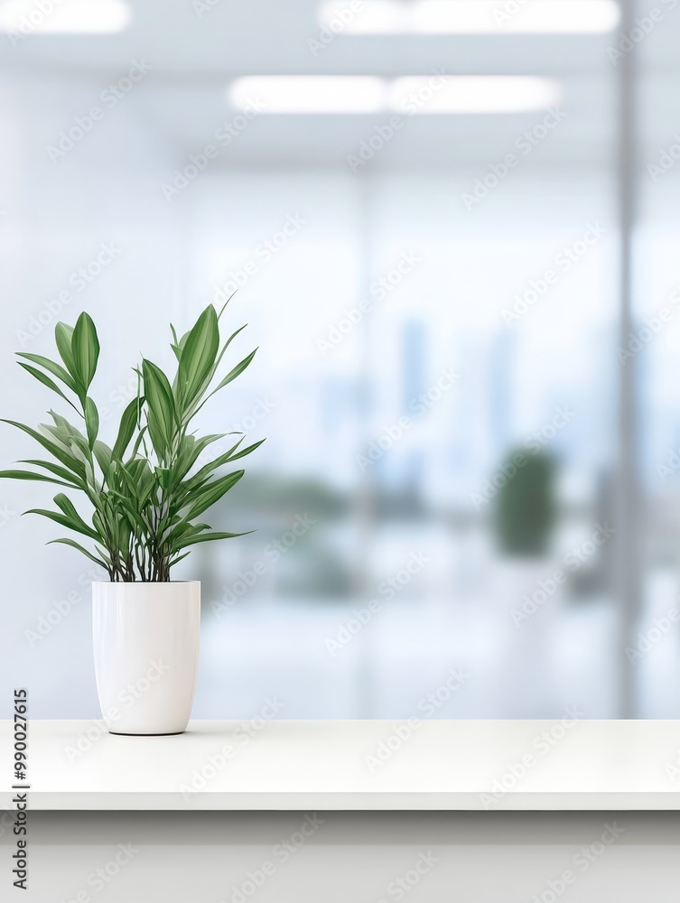 A clean white tabletop with a potted plant, set against a blurred backdrop of an office environment. The composition conveys professionalism, growth, and a welcoming atmosphere. A clean white tabletop with a potted plant, set against a blurred backdrop of an office environment. The composition conveys professionalism, growth, and a welcoming atmosphere.